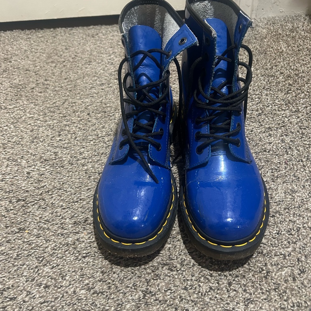 Dr. Martens Shiny Blue Boots with Black Laces